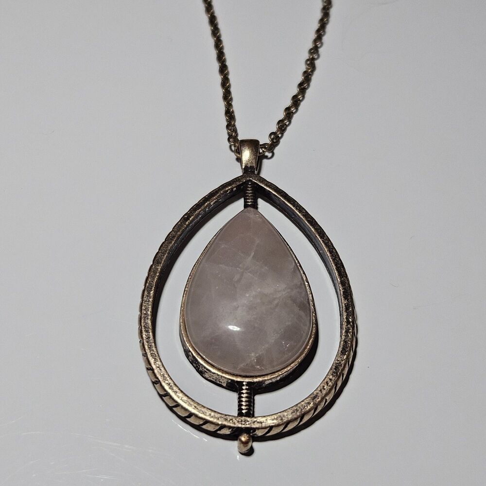 Stella & Dot Brass Tone Rose Quartz Teardrop Pendant Chain Necklace 36-39" - Picture 1 of 13